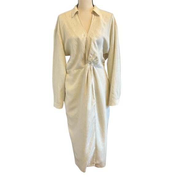 Anthropologie Midi Dress Cream Ecru Long-Sleeve Linen Blend Faux Wrap size US 12 - Picture 1 of 16